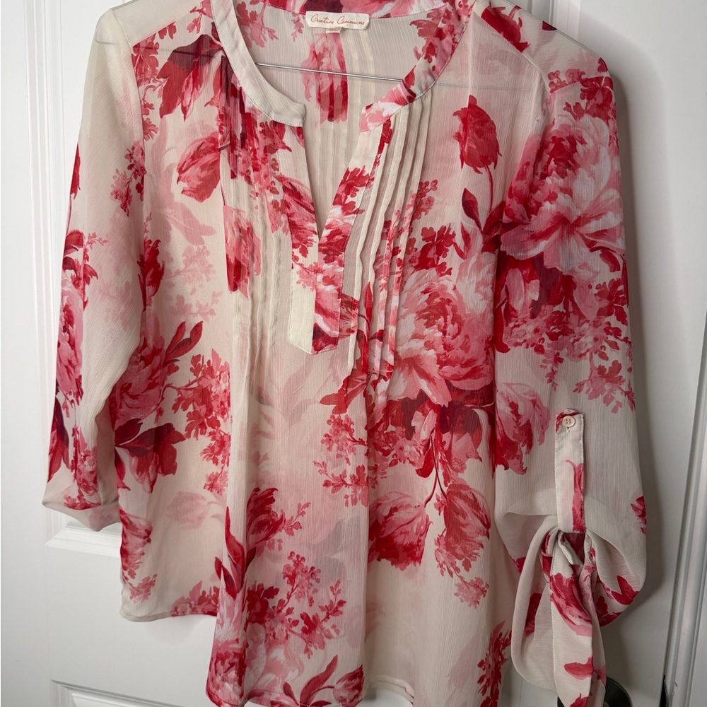 Creative Commune (Stitch Fix) Sheer Floral Red and White Blouse, size XL